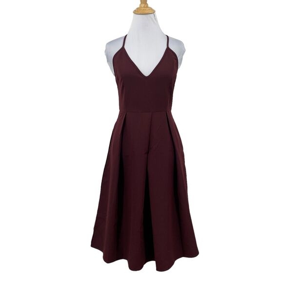 Eliacher Dresses & Skirts - Eliacher Pleated Summer Party Dress Womens 4/6 Maroon V Neck Backless Pockets